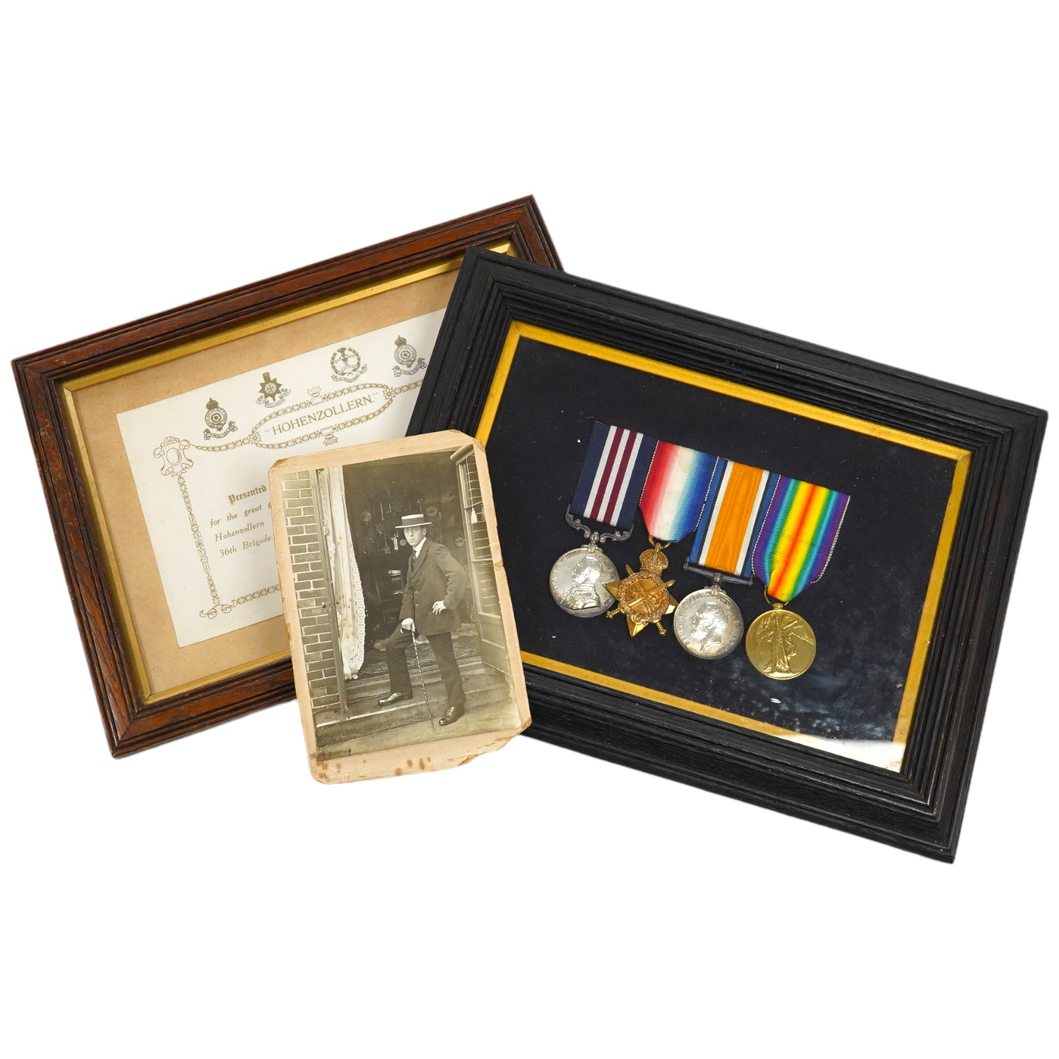 A framed First World War medal group awarded to Lance Corporal J. Austin Royal Sussex Reg. including the Military Medal for bravery, together with a separately framed certificate detailing the reason for the award; for t